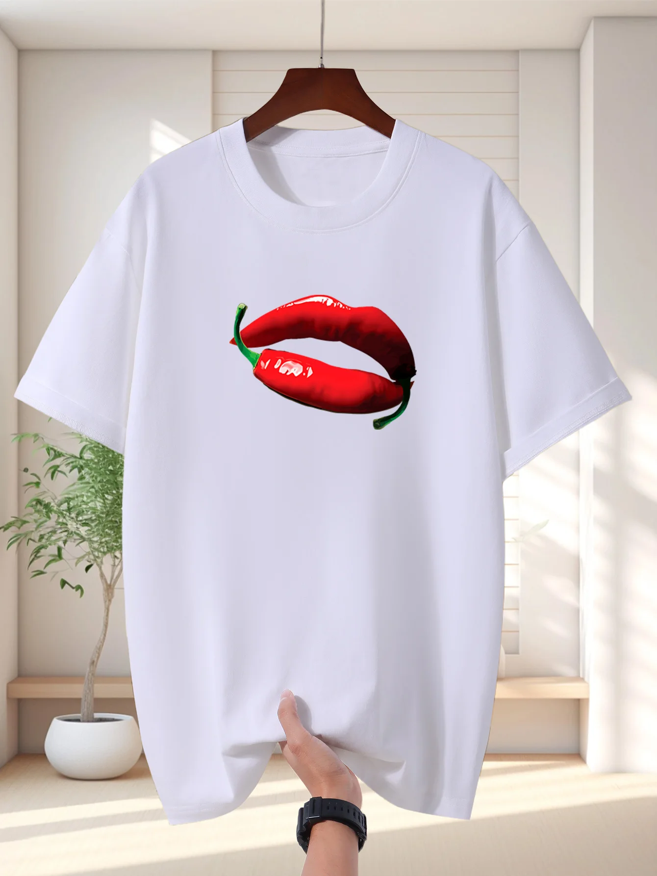 Red Lips And Chili Mens Crew Neck T Shirt Creative Fusion Graphic Short Sleeve Tee Unique Art Style Casual Male Street Tops