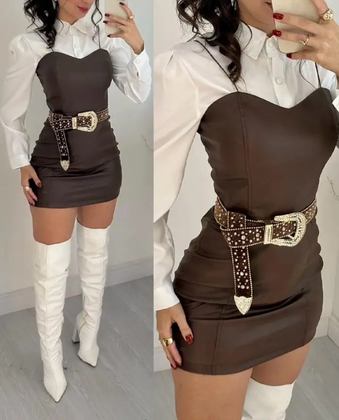 Two Piece Set Women Outfit 2025 Spring New Turn-Down Collar Long Sleeve Blouses & Casual Spaghetti Straps PU Leather Skirt