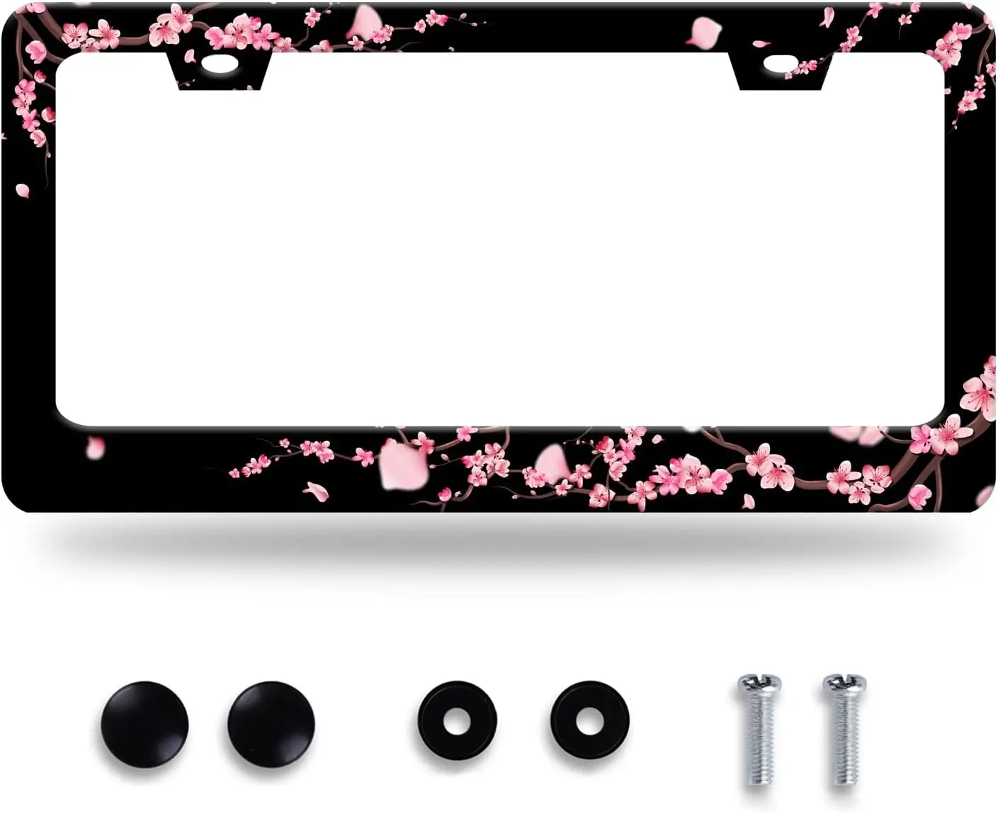 

Cherry Blossom License Plate Frame, Pink Floral Stainless Steel Car Tag Holder, Fits Standard US Size 12.3x6.3 Inches