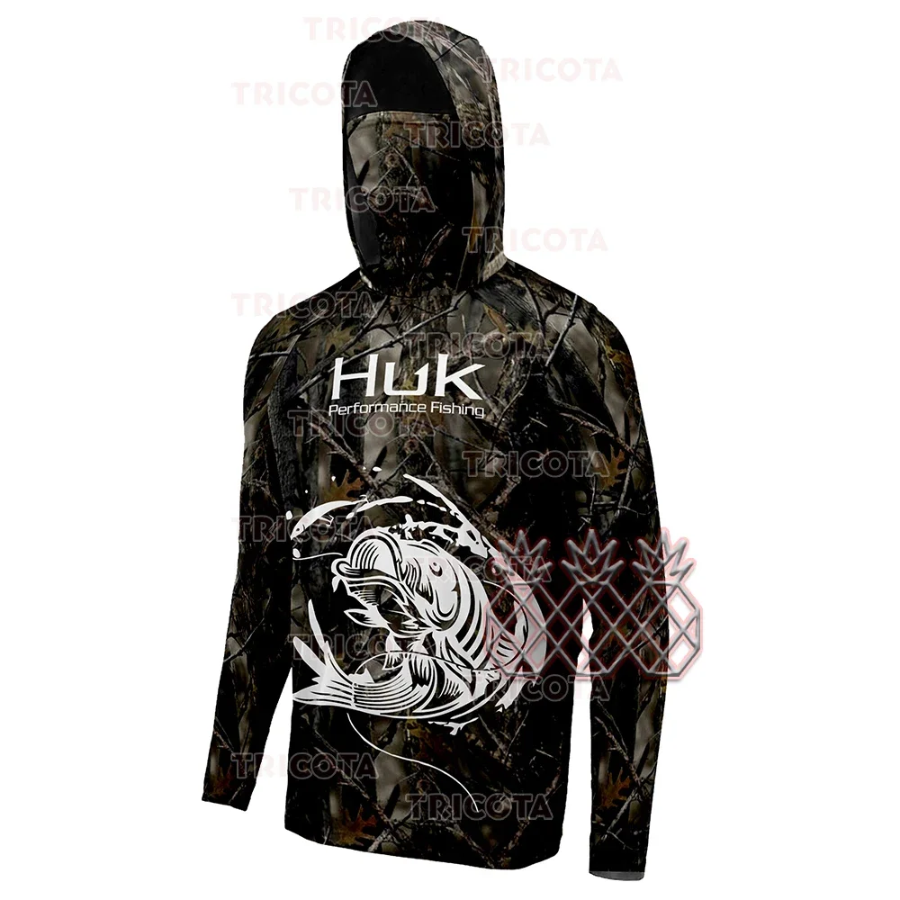 

HUK Fishing Shirts Camouflage Sun Protection Breathable Fishing Clothing Men Moisture Wicking Quick Dry Fishing Hooded Mask Tops