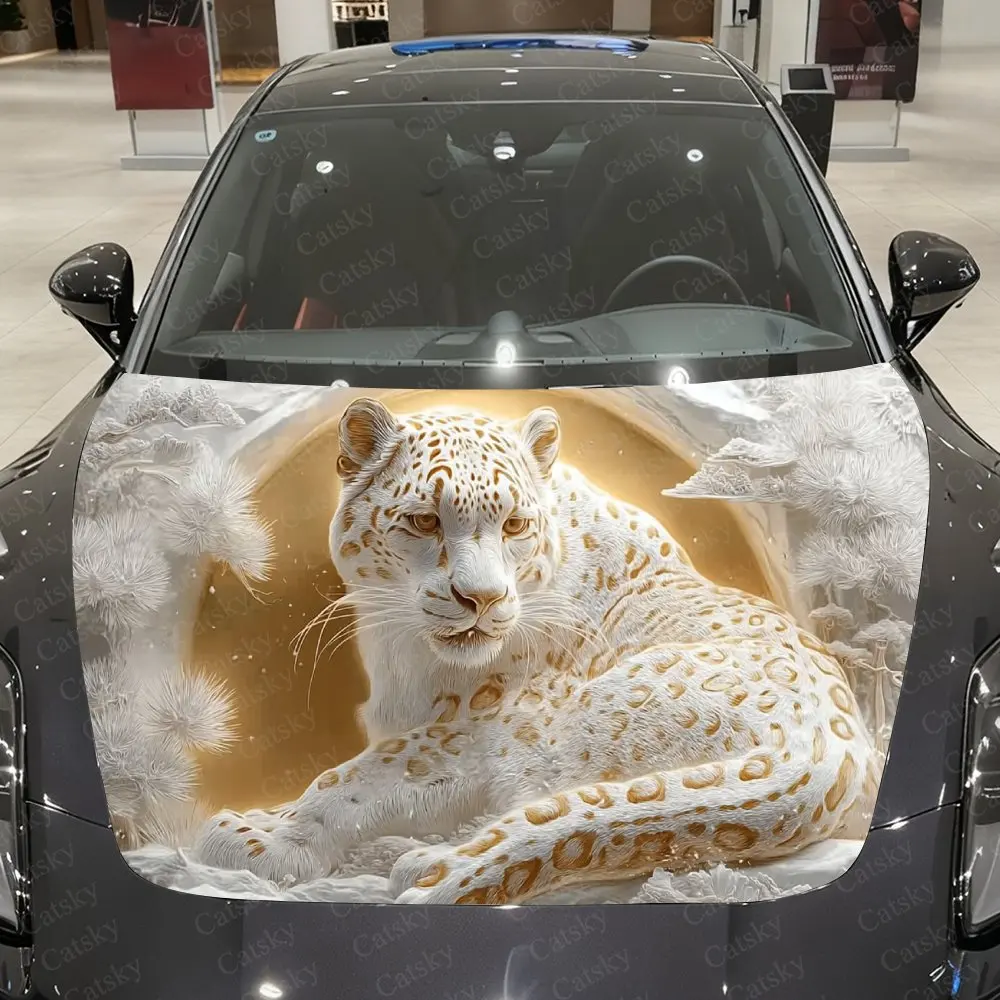 Snow Leopard Gilding Car Vinyl Wrap, PVC Waterproof Car Hood Sticker, Self-Adhesive Scratch-Resistant Stickers for Engine Cover