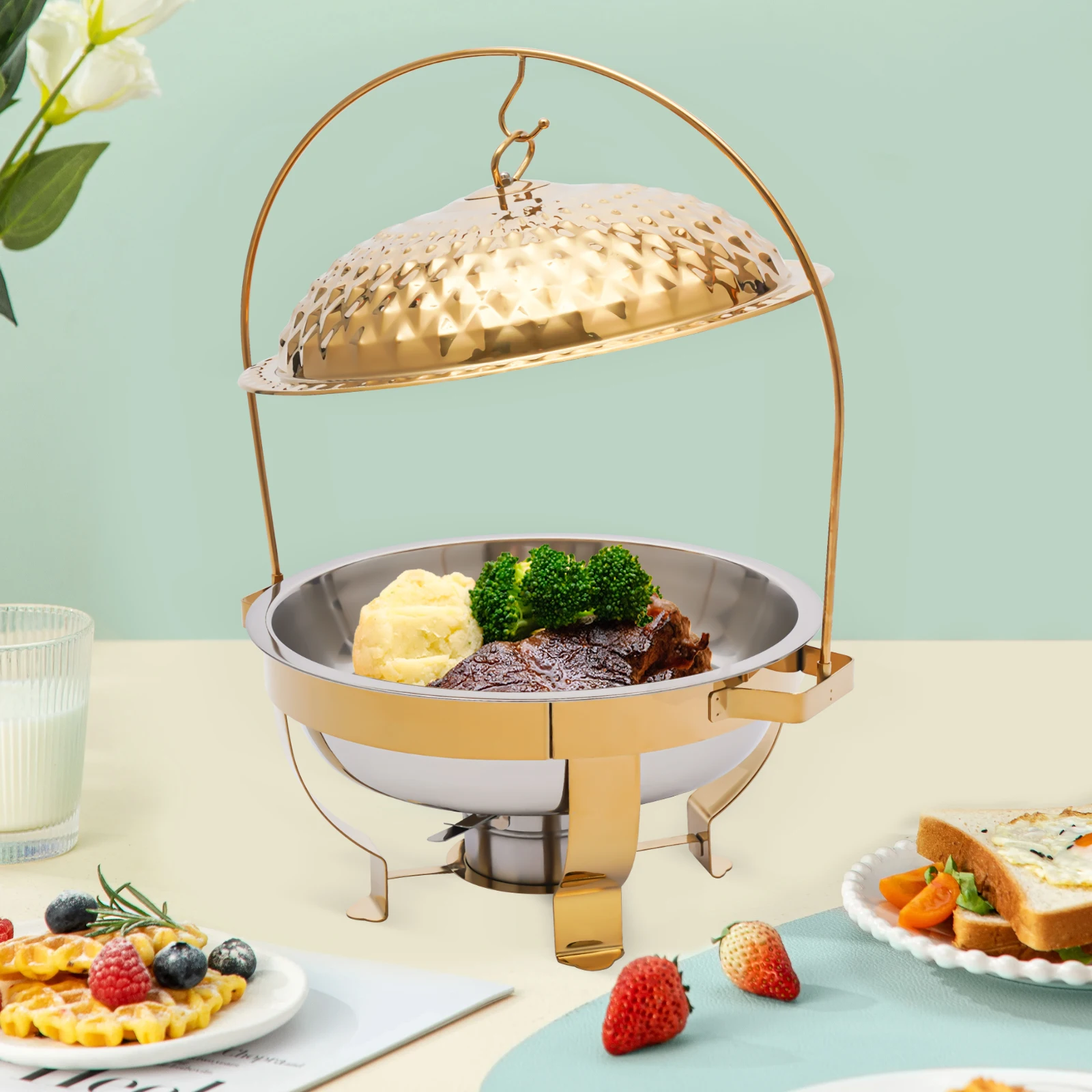 

4,5 л круглый набор буферов из нержавеющей стали, золотой/серебряный наполнитель, настольный буфет, сервировочные и подогреватели, набор согревающих подносов