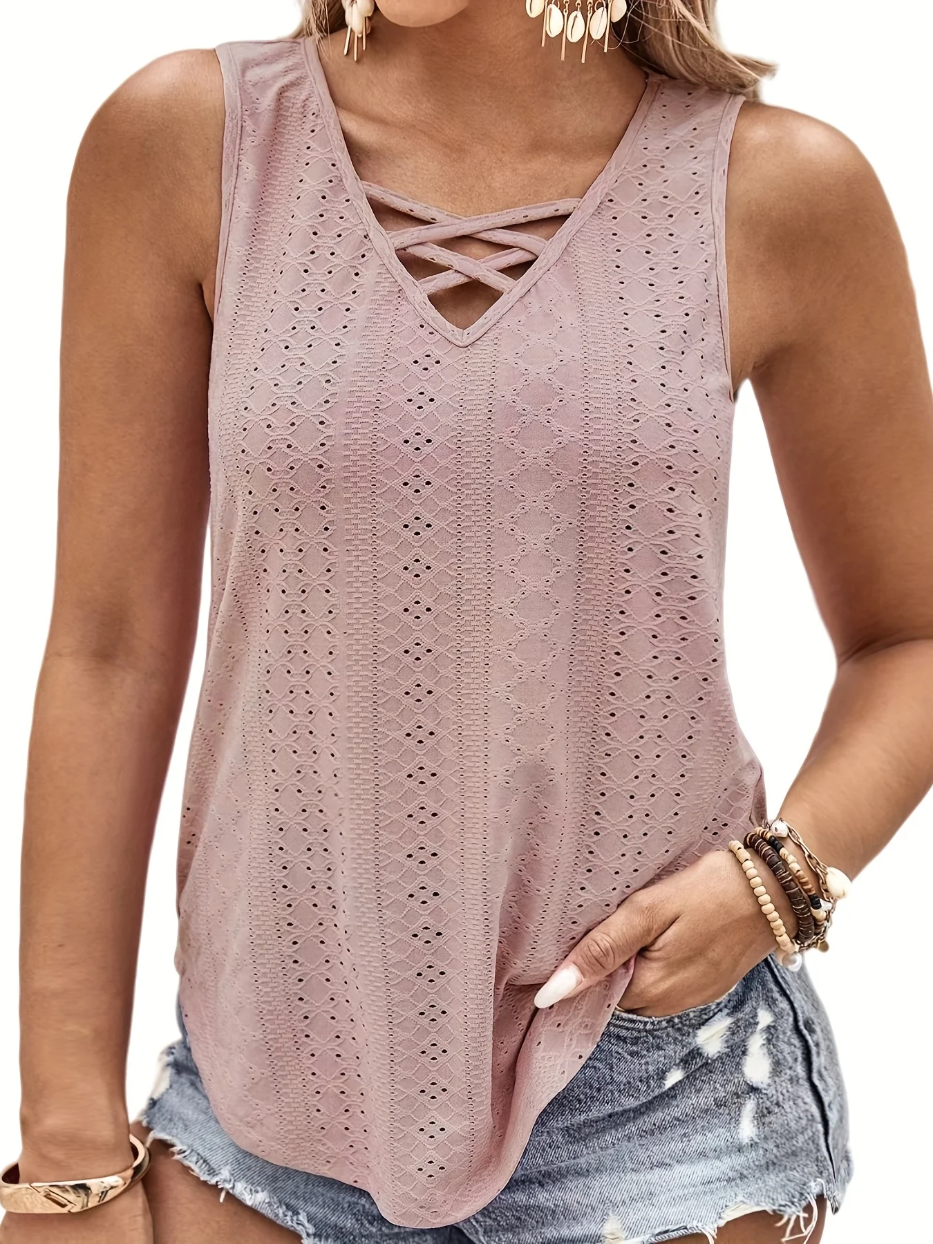 

Women's hollow breathable loose thin V-neck knitted undershirt