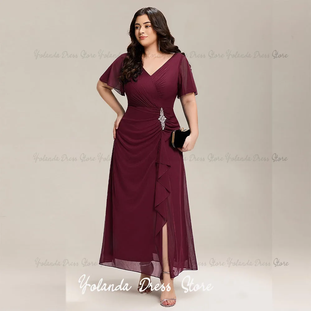 Yolanda Customized Mother of Dresses 2026 Plus Size Women's V-Neck Short Sleeves Chiffon Ruffles Slit Formal Evening Dresses