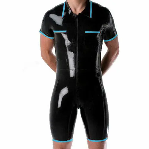 

100%Latex Rubber Black&Blue Short sleeve Catsuit swimsuit Tight Zip 0.4mm Cosplay