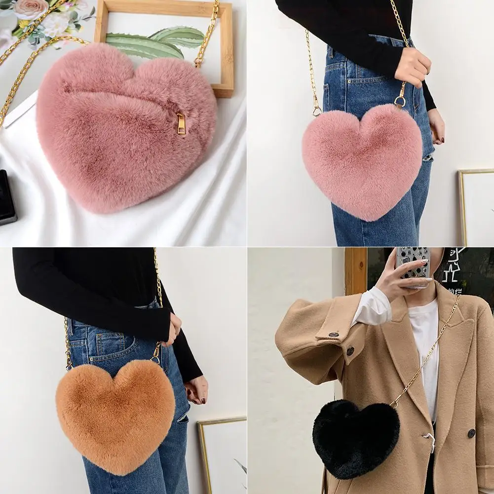 Fashion Women's Heart Shaped Handbags Cute Faux Fur Crossbody Bags Lady Soft Plush Chain Shoulder Bag Shopper Totes