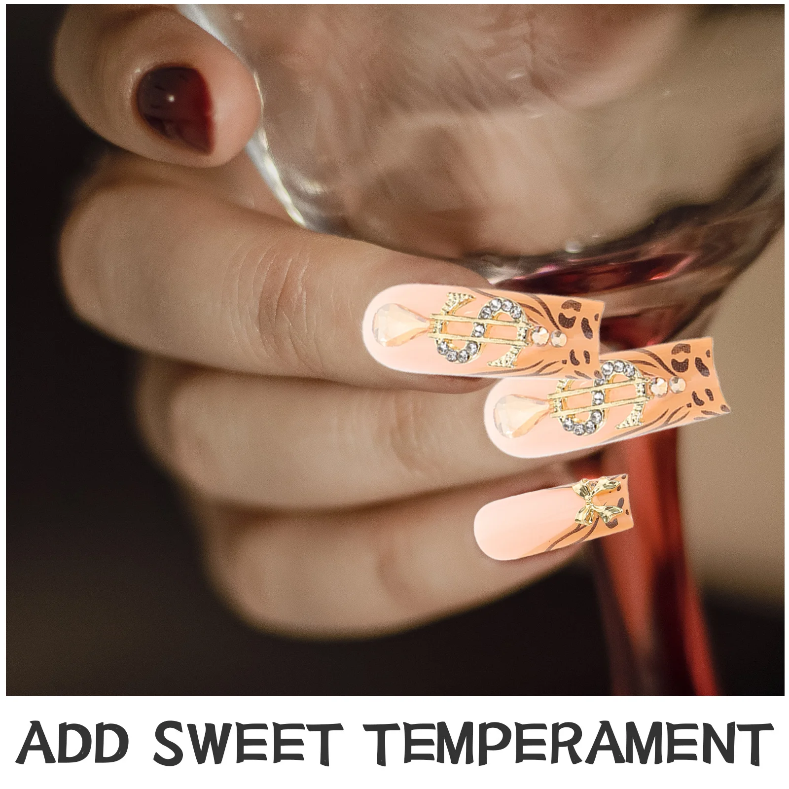 Ensemble de faux ongles longs en forme de cercueil, 1 boîte, couleurs assorties, imprimé léopard, nœud français doré, Nail Art pour femmes et filles