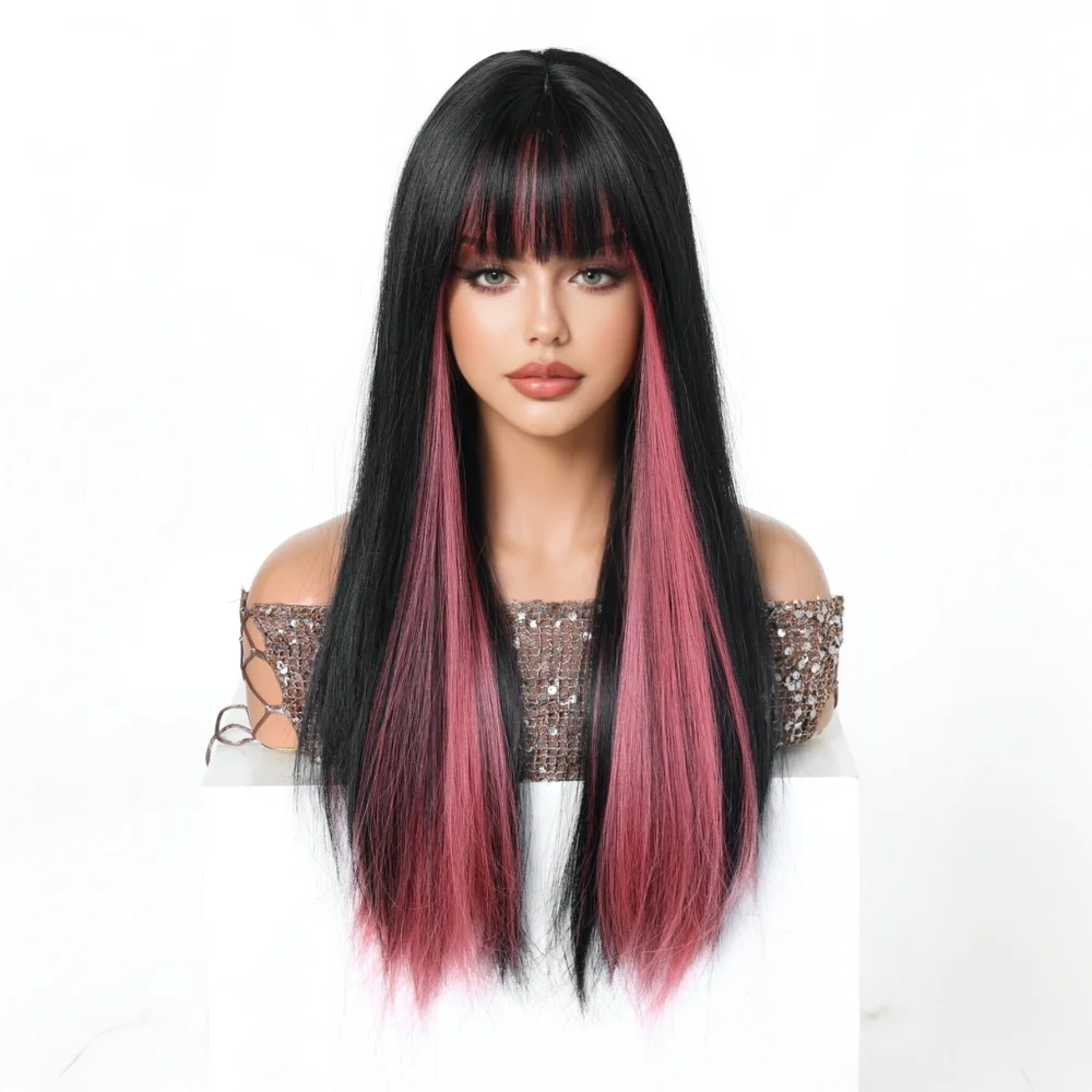 Easihair Black with Red Pink Highlight Long Straight Wig With Bangs Heat Resistant Synthetic Hair Gothic Halloween Cosplay Wigs