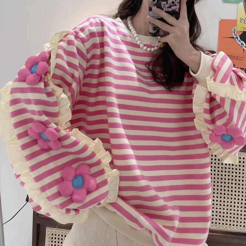 

Extra large women's hoodie, women's loose 240 stripe top, trendy winter clothes women korean LOOSE FIT hoodies