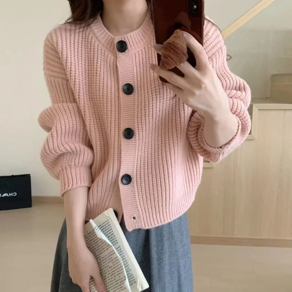 

Korean Style Loose Knitted Cardigan Women's Spring New Western Style Single-Breasted Soft Waxy round Neck Sweater Coat