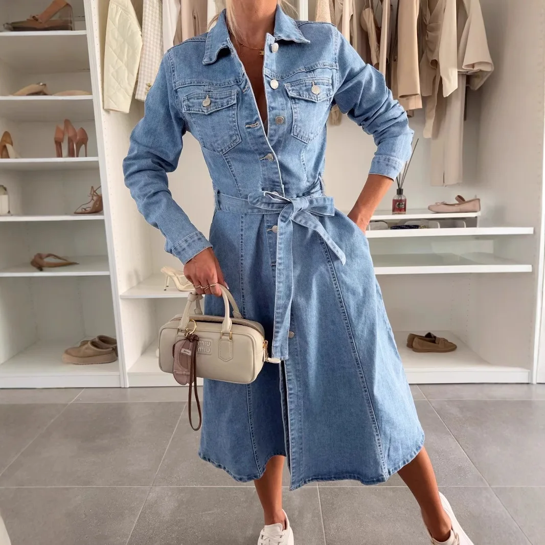 

2025 Women Dress Elegant Fashion Beautiful Women's Dresses Autumn and Winter New Long Sleeve Shirt Dress Denim Washed Jacket