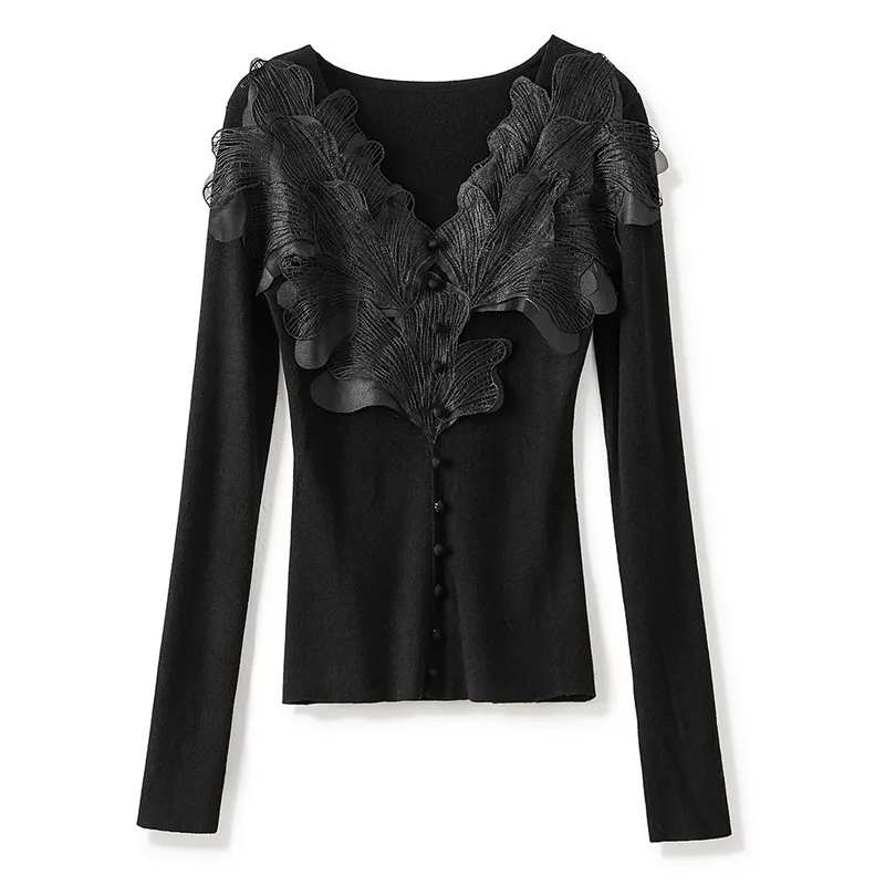 Design Sense Petal Lace Stitching Sweater 2025 Autumn and Winter V-neck Long Sleeve Waist Slim Pullover Women's Sweater