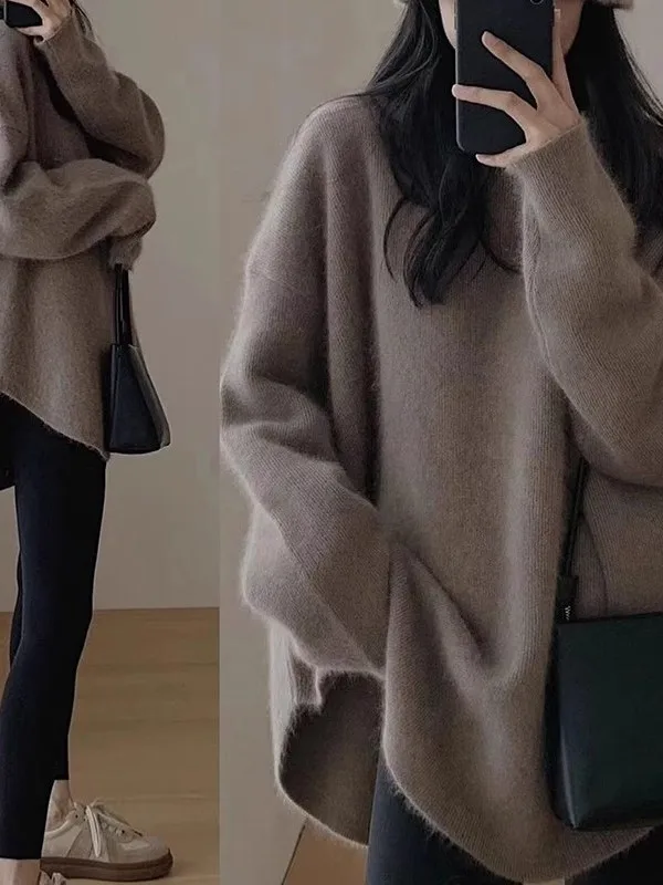 Loose round Neck Pure Color Knitted Sweater Women's Fashionable Base Layer Shirt Korean Style Comfortable Lazy Style Top