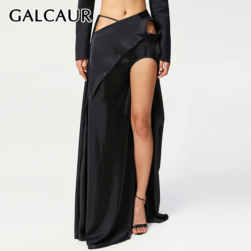 

GALCAUR Sexy Spliced Lace Up Skirt For Women High Waist Split Hollow Out Patchwork Button Elegant Summer Loose Skirts Female New