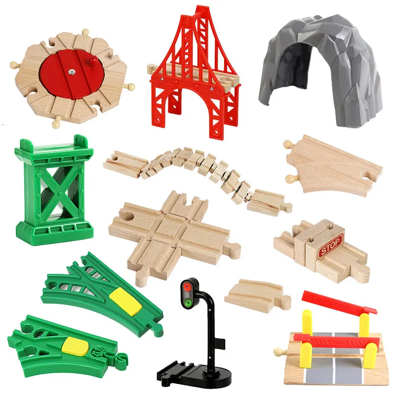 Wooden Train Track Assembly Toys For All Thomas Trains Car Bridge Piers Traffic Light Beech Wooden Railway Kid Creative Toy