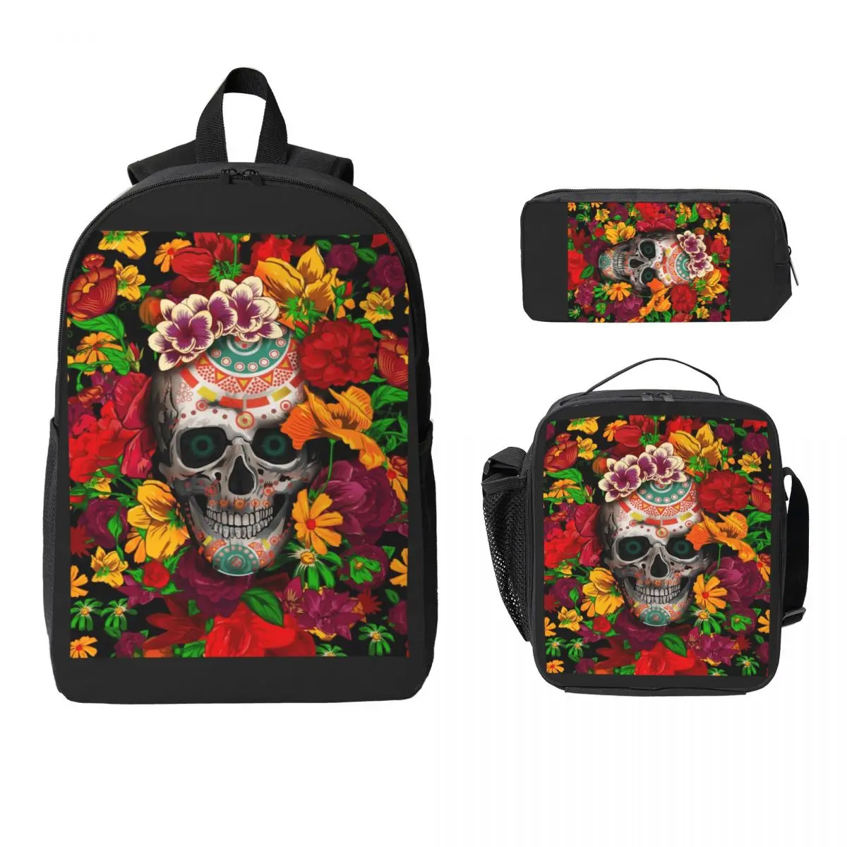 

Рюкзак Day Of The Dead с сахарным черепом и цветком, школьная сумка для мальчиков и девочек, школьная сумка, 3 шт., изолированная сумка для обеда, пенал