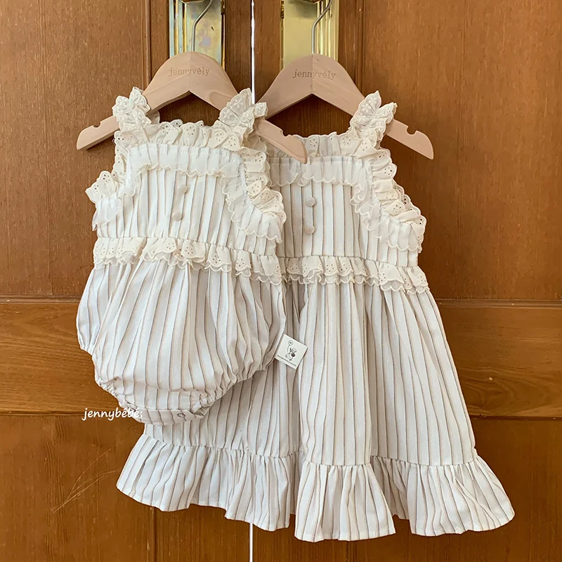 2026 New Summer Sister Clothing Kids Princess Dresses Infant Baby Romper Sleeveless Cotton Stripe Girl Birthday Party Dress