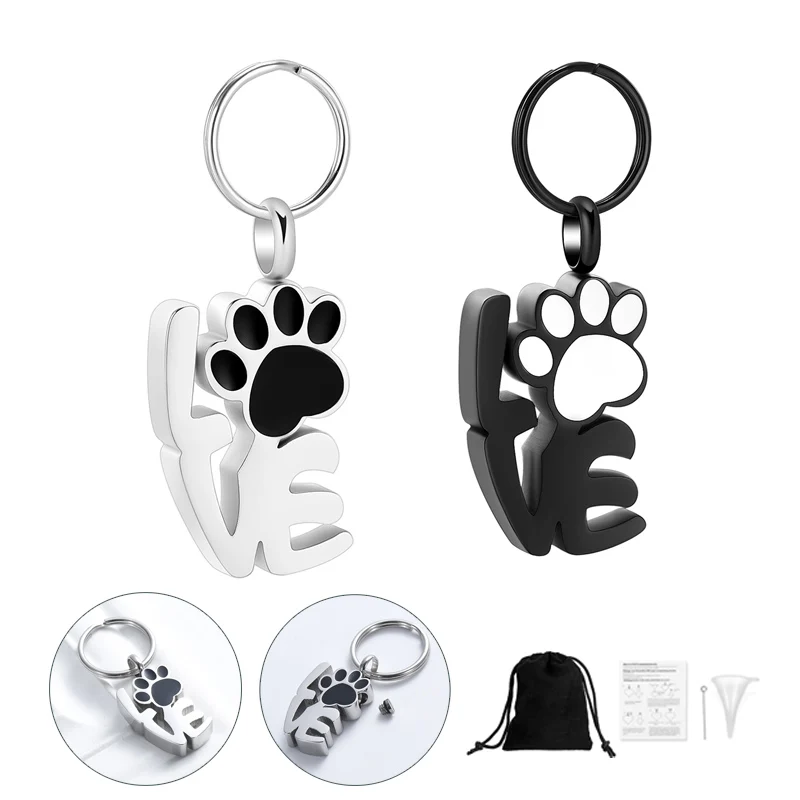 

Love With Paw Memorial Urn Keychain For Pet Dog Cat Ashes Cremation Jewelry Stainless Steel Key Ring Funeral Charm Pendant