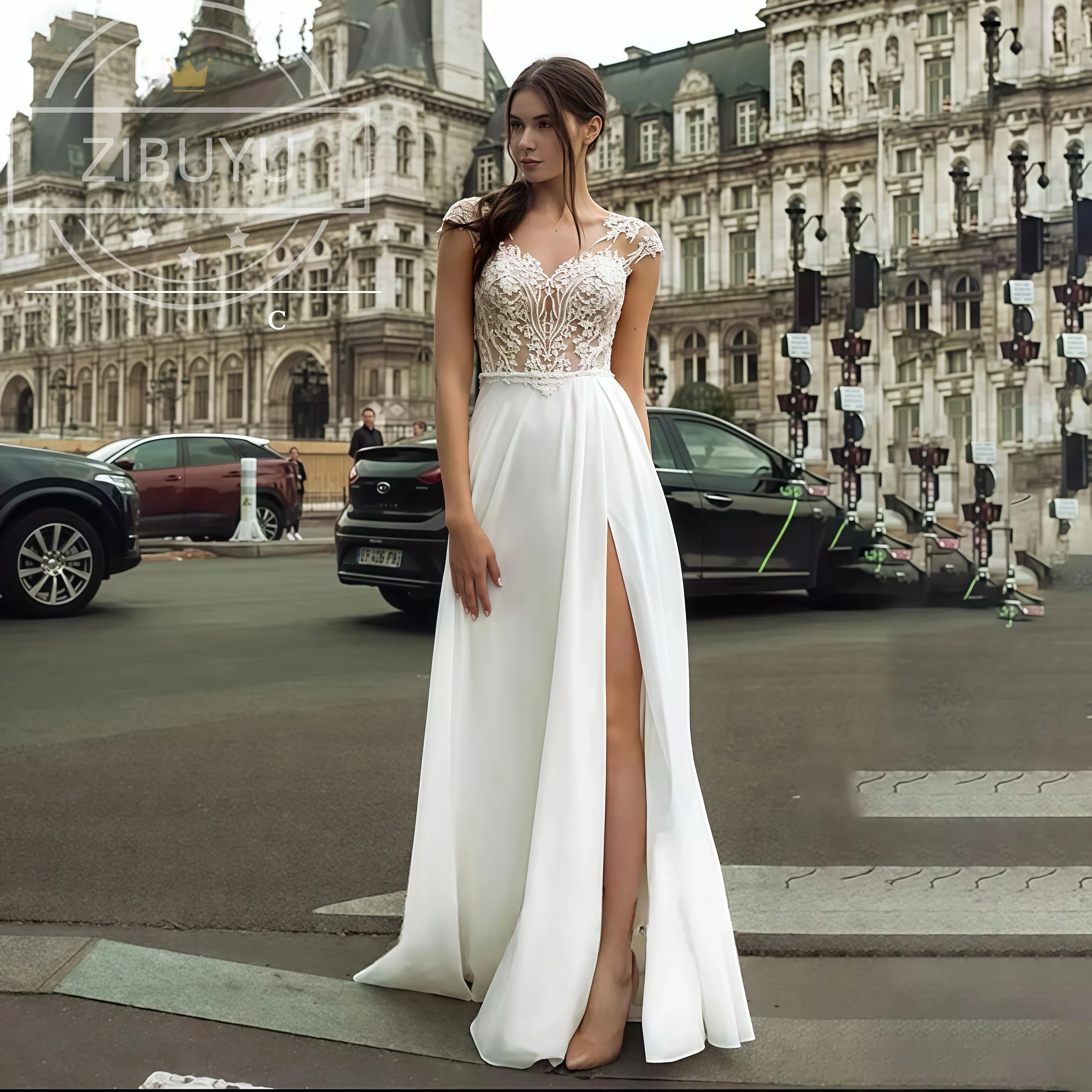 

ZIBUYU A-Line Cap Sleeve Sweetheart Lace Applique High Slit Floor Length Bridal Gowns Simple Elegant Wedding Dresses Customized