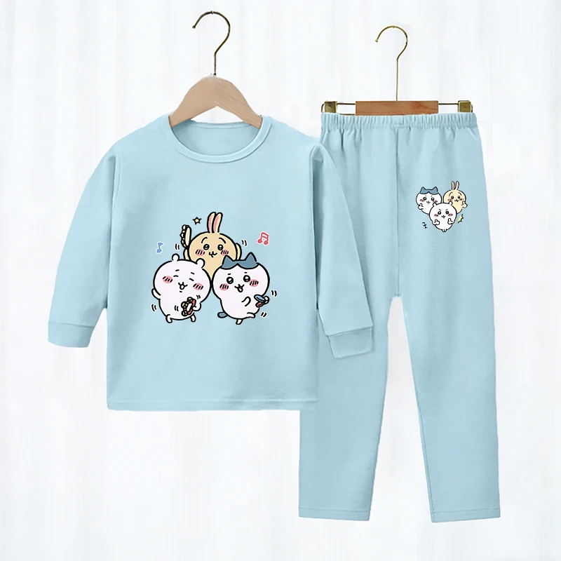 Cute Chiikawas Children Pajamas 2pcs Set Cartoon Print Girl Boy Long Sleeve Sleepwear Spring Autumn Warm Pajama Home Tops Pants