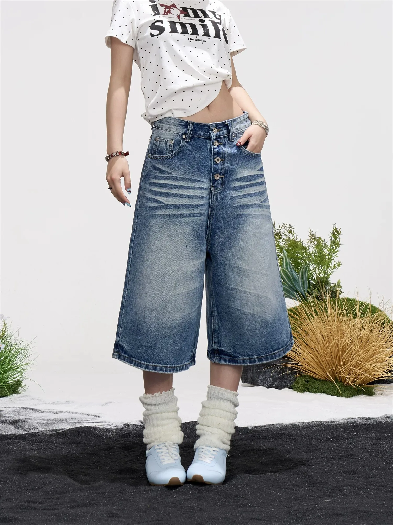 

Retro American Button Jeans Women's Loose Straight Leg Shorts Mid-Wash Denim Natural Waistwear Summer Fashion Brand