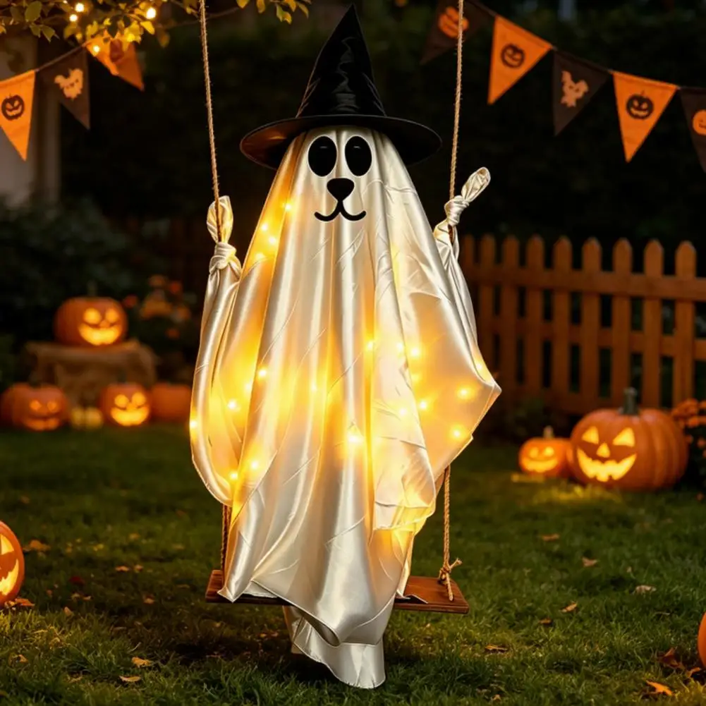 Cute Ghost Porch Decor Waterproof Halloween Tree Ornaments Hanging Ghost Dog Ornament Led Light-up Puppy Swing Decoration