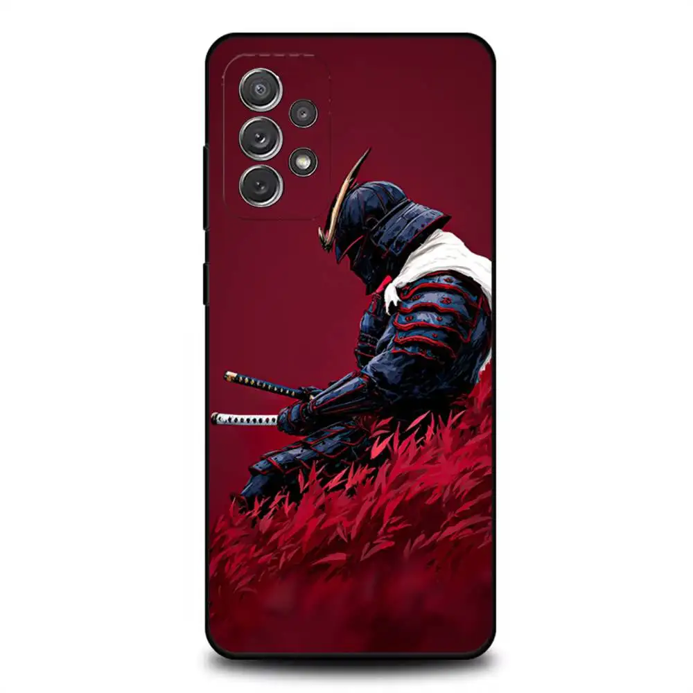 日本の武士道サムライ電話ケースサムスン S 25、24、23、22、30、21、10、9、ウルトラ、プラス、ライト、FE、4、5G ブラックソフトケース