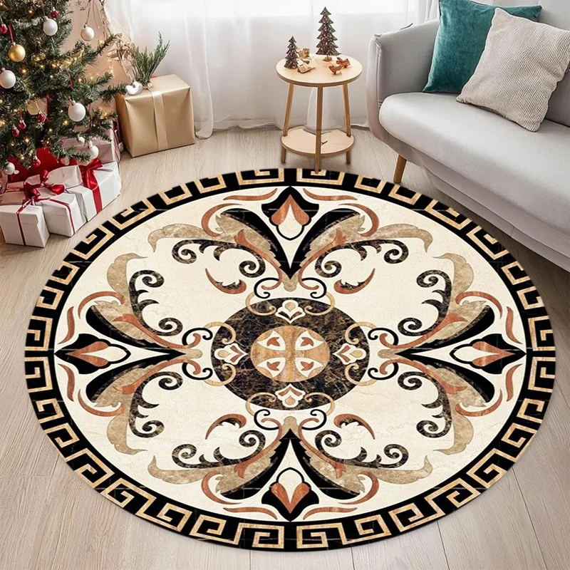 Vintage Marble Fleur-de-lis Round Area Rug, Retro Ornamental Circular Floor Mat, Bedroom Home Decoration
