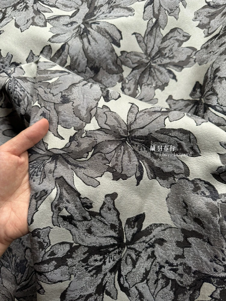 Jacquard Fabric for Per Meter Jacket Clothing Designer Grey White Black Flowers Sewing Cloth for Diy Polyester Material