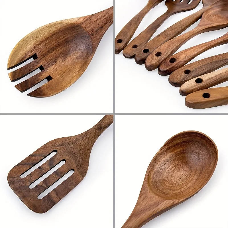 Set di utensili da cucina da 8 pezzi in legno di acacia resistente - Utensili da cucina antiaderenti, kit di cucchiai e spatole multiuso
