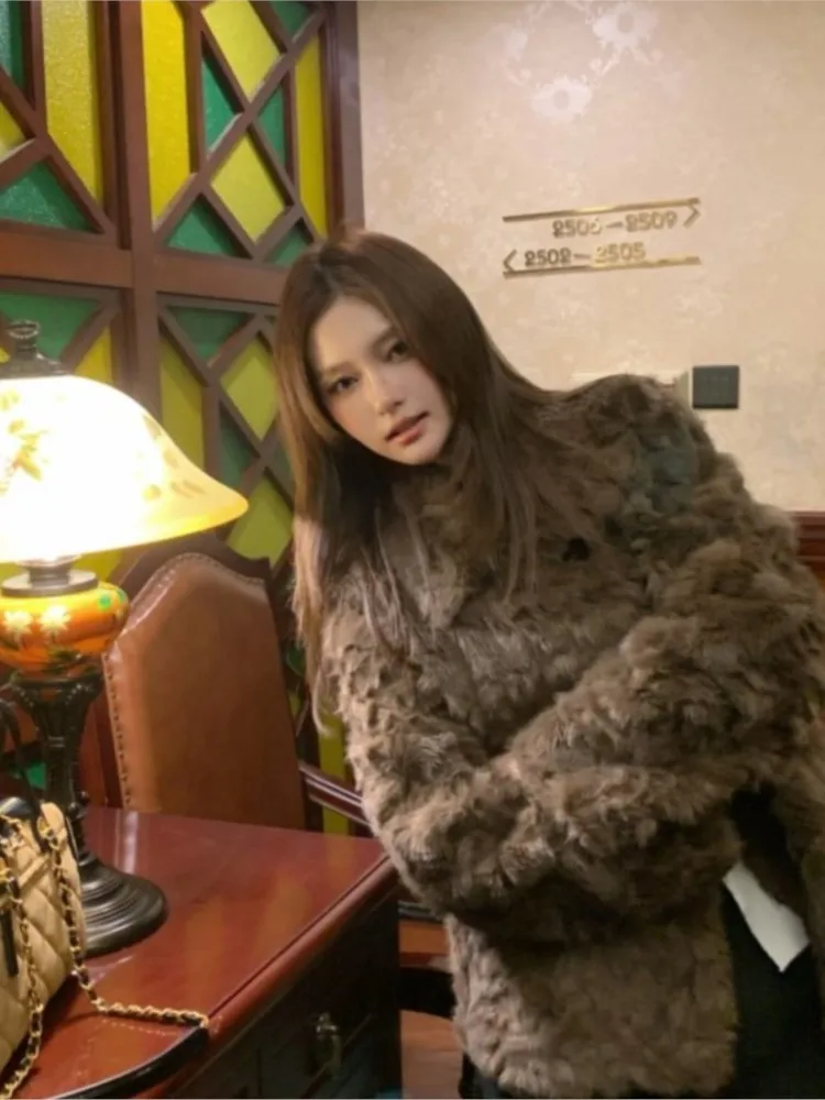 brown fur coat short square collar small lake and mixed for women