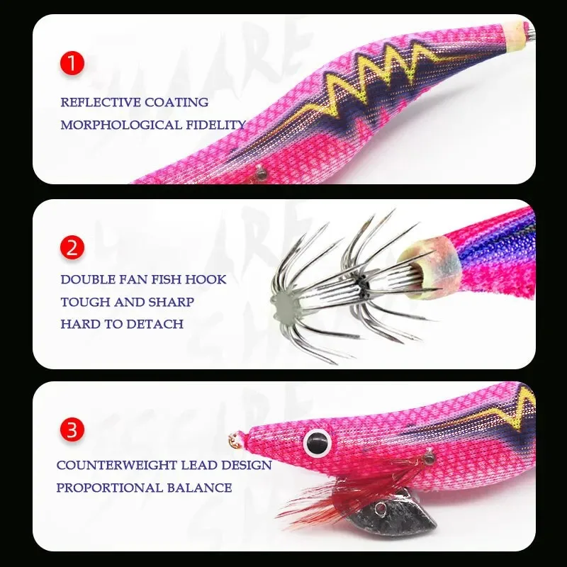 BRAVMACK خطاف صيد خشبي ممتاز لصيد الأسماك على شكل سمكة، تصميم واقعي من الروبيان والحبار، طعم صلب للمياه المالحة والواط العذبة