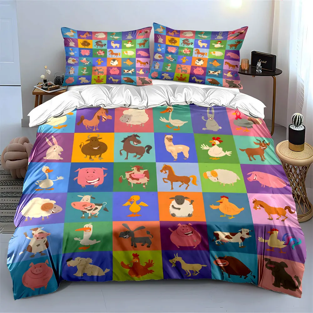 Cartoon Farm Animal Theme Puzzle Bedding Set for Kids Luxury Gift 3pcs Digital Print Comforter Set Soft Comfortable Breathable