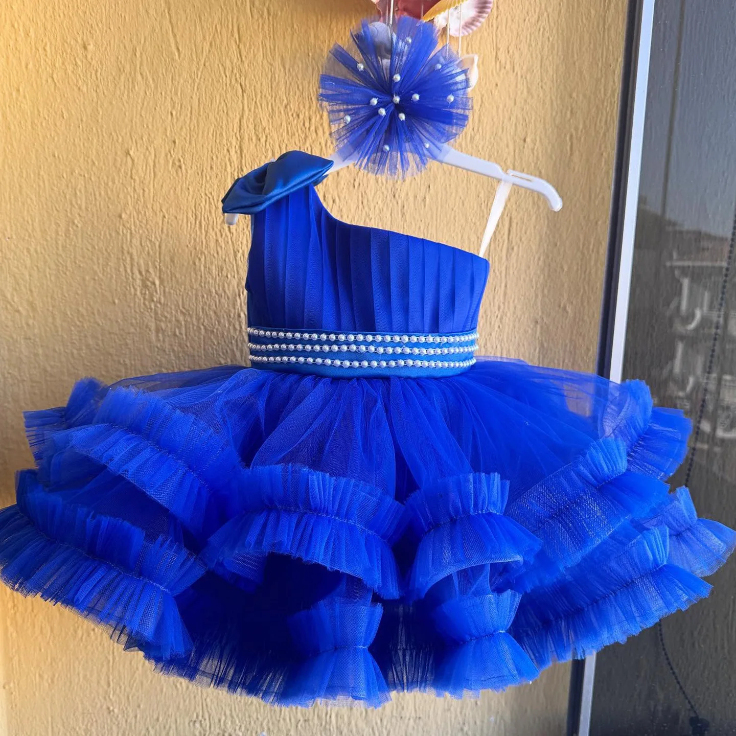 flower-girls-dresse-blue-one-shoulder-kids'-dress-pearl-trim-tulle-tiered-cake-skirt-birthday-christmas-princess-for-wedding