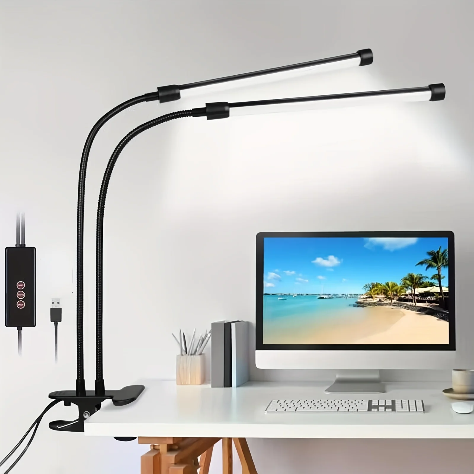 Clip-on Dual-head Study Eye-Care Desk Lamp 3-6-12 Hour Timer Function Reading Lamp Three Lighting Modes Five Brightness Level