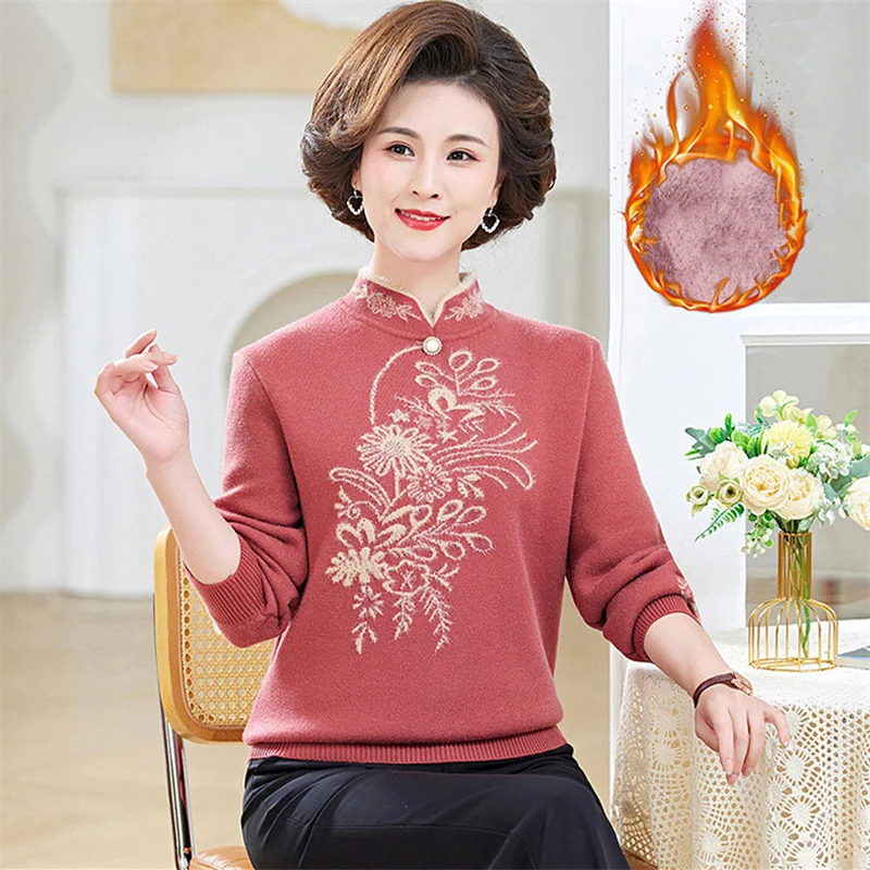 Printed Pull Femme Middle Aged Mother Clothing Plush Thick Pullovers Women's Winter Sweater Knitted Base Long Sleeve Top