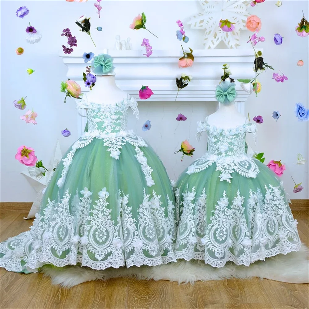 Mint Green White Lace Appliqué Girl Evening Dresses Flower Girl Dress First Communion Birthday Prom Party Custom Princess