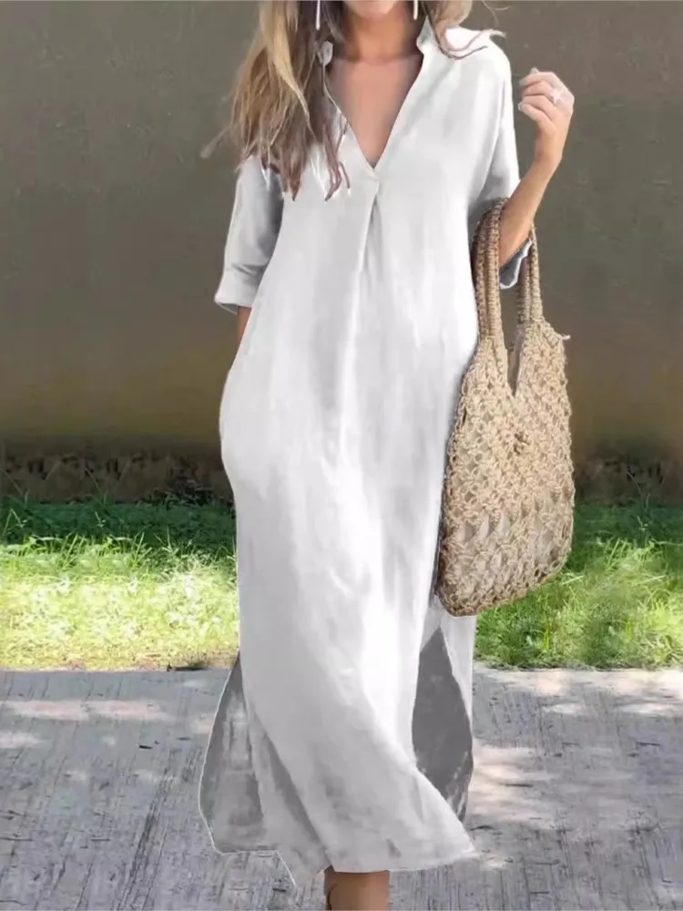 Letnia długa sukienka dla kobiet Czarny Biały Dekolt w szpic Luźne eleganckie sukienki 2024 Kobieca jesienna moda Casual Lady Dress