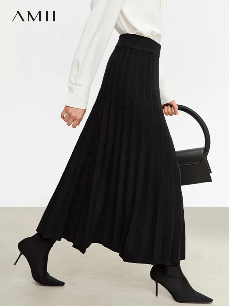 AMII Minimalist 2023 Wool Pleated Skirts for Women Winter New Midi Slim Fit A-line Knitted Umbrella Solid Skirt Female 12354018