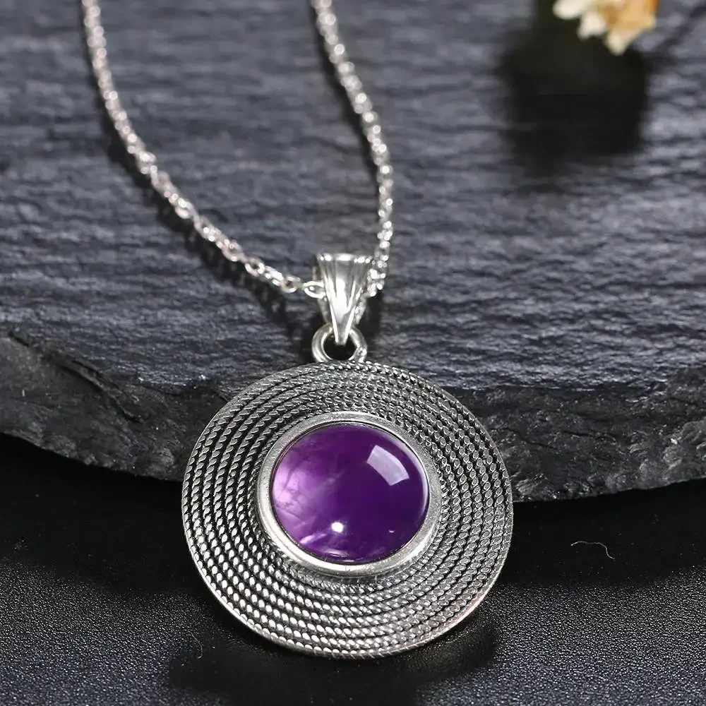 Women's Round Amethyst Pendant Necklace Handmade 10MM Natural Gemstone Charm Necklace Party 925 Sterling Silver Gift