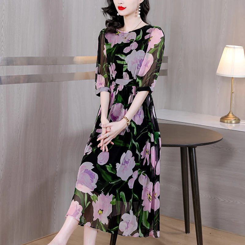 2023 New Fashion Silk Printed Dress Women's Summer Elegant Versatile Round Neck 5/4 Sleeves Loose Fit Holiday Leisure Travel Ves