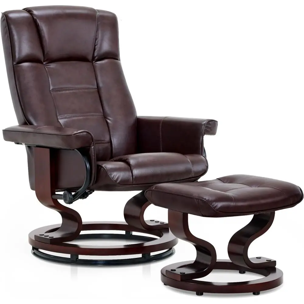 

Комплект из кресла-реклайнера с поворотным механизмом и пуфом для небольших помещений: для гостиной, спальни, офиса, из искусственной кожи, коричневый