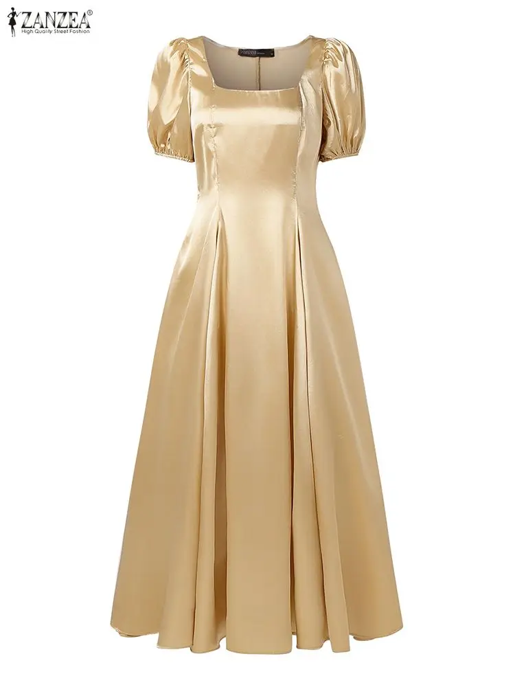 ZANZEA 여성 새틴 웨딩 게스트 파티 롱 드레스 우아하고 세련된 스퀘어 넥 짧은 퍼프 슬리브 피트 허리 A라인 드레스 S-3XL