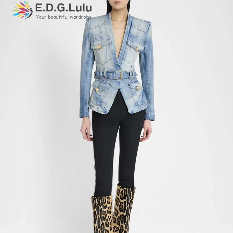 EDGLuLu 2025 가을 패션 V넥 다중 포켓 데님 재킷 여성 레저 스트리트 긴 소매 슬림 데님 재킷+벨트0907
