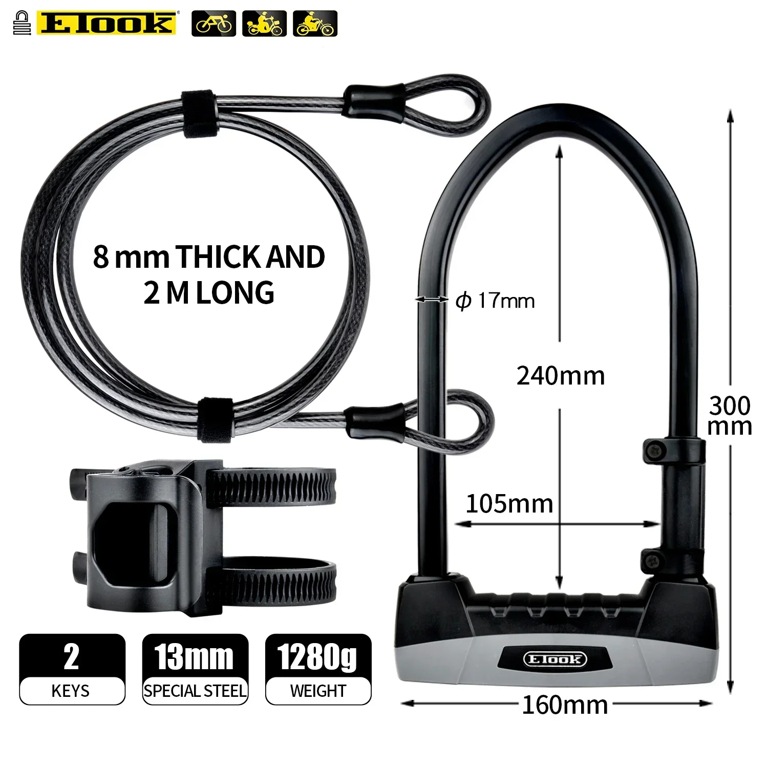 ETOOK Sold Secure Gold Rating U Lock Bicycle Bike Lock Motorcycle Cycling Scooter U Lock With Key