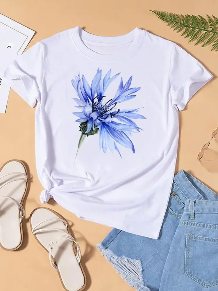 Graphic T-shirt Flower Watercolor Cute Women Top Lady Female Shirt Tee Short Sleeve Print Fashion O-neck Clothing Clothes