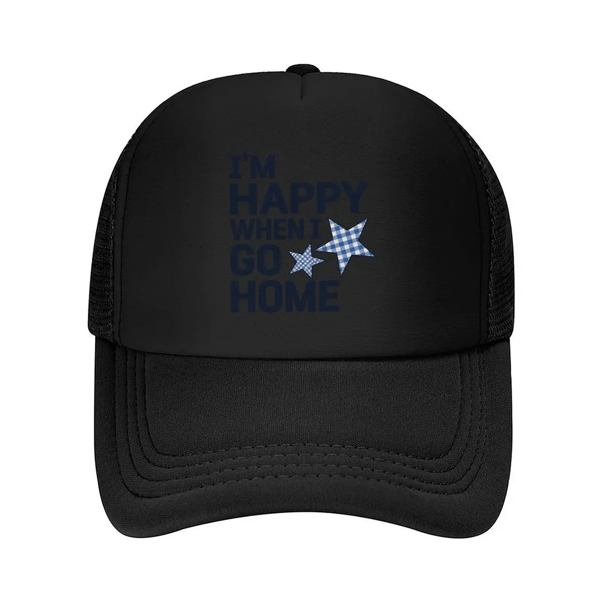 Im Happy When I Go Home Blue Gingham Stars Typography Design Mesh Baseball Cap Hip Hop Dad Hat For Womens Unisex Female