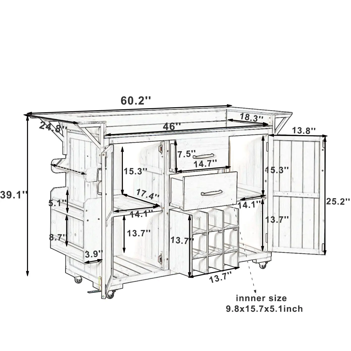Outdoor Kitchen Island Steel Top Drawers Cabinet Spice Wine Rack Rolling Table Wheels Garden Patio Brown, Customized