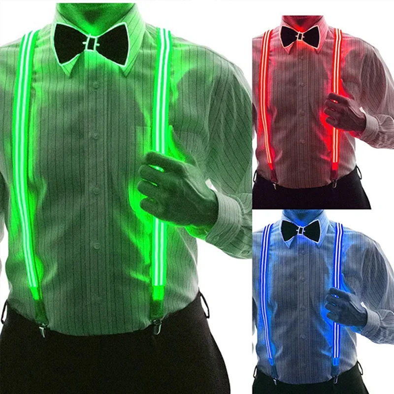 LED Light up Men Suspender Bowtie Illuminated Belt LED Braces Adjustable Pants Suspender For Music Club Night Patry Wedding