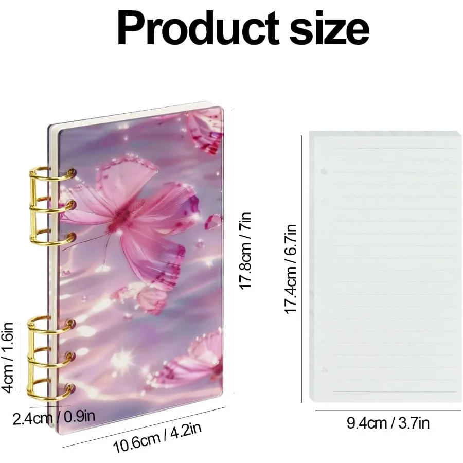 A6 Acrylic 6Ring Binder Notebook Purple Butterfly Loose Leaf Persol Planner Budget Binder 90 Sheets Lined Refills Paper Lay Fla